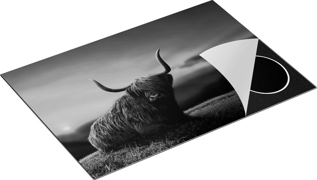 Chefcare Inductie Beschermer Schotse Hooglander Koe op een Heuvel - Zwart Wit - 75x55 cm - Afdekplaat Inductie - Kookplaat Beschermer - Inductie Mat