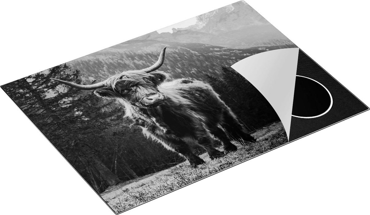 Chefcare Inductie Beschermer Schotse Hooglander Koe in de Bergen - Zwart Wit - 70x52 cm - Afdekplaat Inductie - Kookplaat Beschermer - Inductie Mat