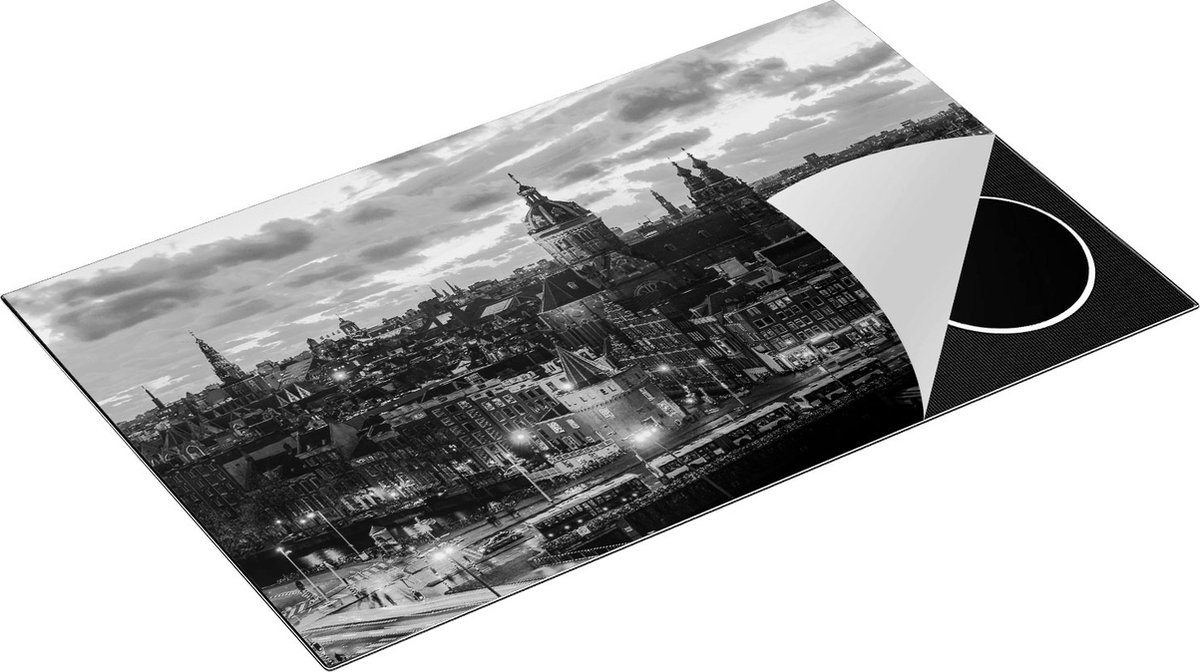 Chefcare Inductie Beschermer Amsterdam Centrum Luchtfoto Zonsondergang - Zwart Wit - 85x55 cm - Afdekplaat Inductie - Kookplaat Beschermer - Inductie Mat