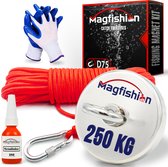 Magfishion Magneetvissen Set - 250 KG - Vismagneet - 20 Meter Lang Touw + Karabijnhaak met Schroefsluiting - Handschoenen - Borgmiddel - Magneetvissen Starterspakket - Magneet Vissen - Outdoor