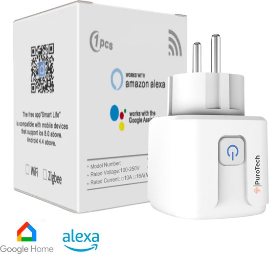PuroTech Slimme Stekker - Tijdschakelaar & Energiemeter - Smart Plug - Geschikt Voor Alexa / Google Home - Verbruiksmeter - Energiekosten - Voor binnen