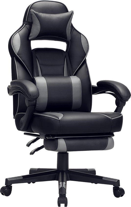 Hoppa! Gaming chair, bureaustoel met voetsteun, bureaustoel met hoofdsteun en lendenkussen, in hoogte verstelbaar, ergonomisch, 90-135° kantelhoek, tot 150 kg draagvermogen, zwart-grijs