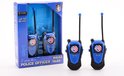 Blauwe politie walkie talkies met logo, in verpakking en los.