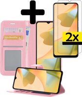 Hoesje Geschikt voor OPPO A16 Hoesje Book Case Hoes Wallet Cover Met 2x Screenprotector - Hoes Geschikt voor OPPO A16 Hoesje Bookcase Hoes - Lichtroze