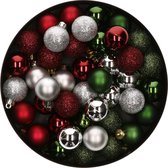 42x Stuks kunststof kerstballen mix donkergroen/zilver/donkerrood 3 cm - Kleine kerstballetjes - Kerstboomversiering