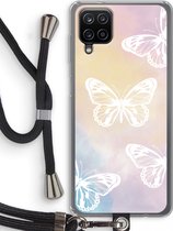 Case Company® - Hoesje met koord geschikt voor Samsung Galaxy A12 hoesje met Koord - White butterfly - Telefoonhoesje met Zwart Koord - Bescherming aan alle Kanten en Over de Schermrand