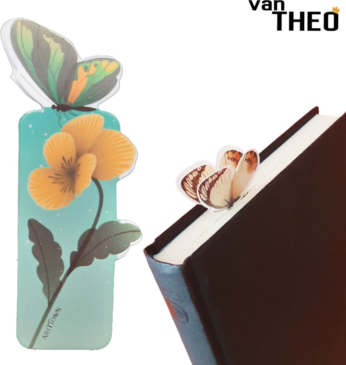 van Theo® Boekenlegger Vlinder & Bloem – Bladwijzer - Bookmark – Kaartje – Boterbloem - Kleine Cadeautjes
