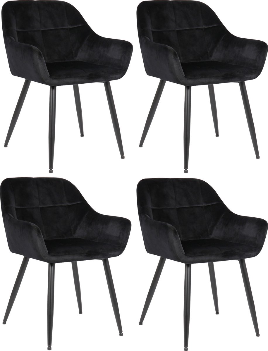 CLP Emia Set van 4 eetkamerstoelen - Met armleuning - Velvet - Fluweel - zwart Fluweel