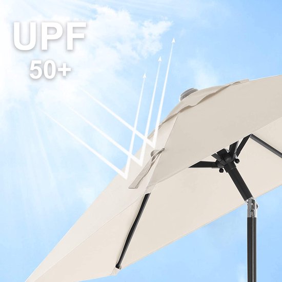 SONGMICS Parasol voor de tuin, achthoekige parasol met SPF 50 , stang en stangen van hout, kantelbaar, sokkel niet inbegrepen, voor terras en balkon in de open lucht, Grijs, 3 Maanden