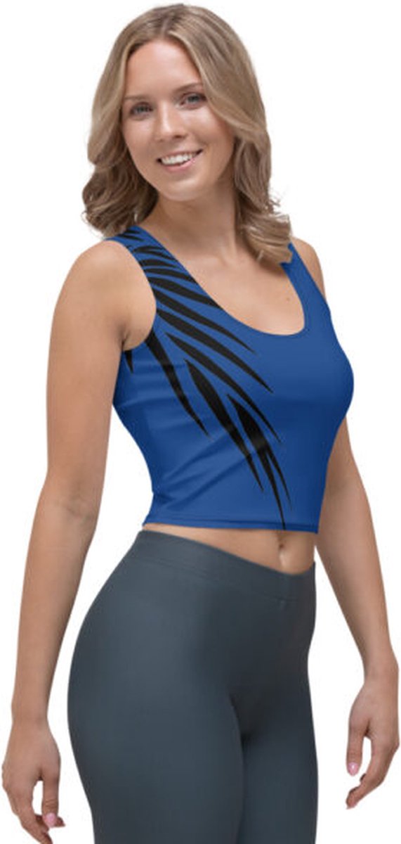 CropTop - design Power Up - Dry Fit - High Performance - unieke print - 4way stretch - UPF 50+ - Hardloop - Yoga - Fitness - Dans - Pilates - Training - Sport Top - dames - kobaltblauw zwart - maat S