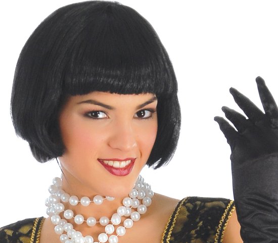 Fiestas Guirca Halflange zwarte damespruik - verkleedpruik - Roaring Twenties thema