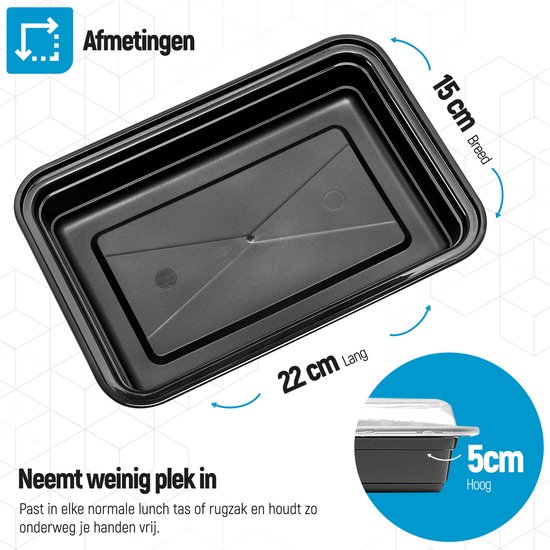 Afmetingen van een zwart meal prep bakje: 22cm lang, 15cm breed, 5cm hoog