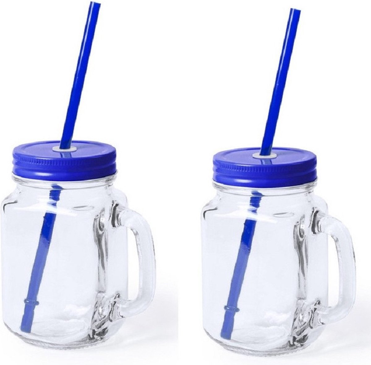Goedkoopste Mason Jar drinkbekers - 2x stuks - glas - dop blauw met rietje - 500 ml - afsluitbaar - fruit shakes
