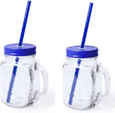 2x stuks Glazen Mason Jar drinkbekers blauwe dop en rietje 500 ml - afsluitbaar/niet lekken/fruit shakes