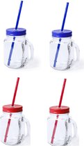 4x stuks Glazen Mason Jar drinkbekers met dop en rietje 500 ml - 2x blauw/2x rood - afsluitbaar/niet lekken/fruit shakes