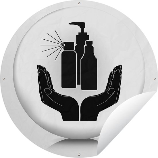 Tuincirkel Illustratie van twee handen met haarlak en andere kappersattributen - zwart wit - 90x90 cm - Ronde Tuinposter - Buiten