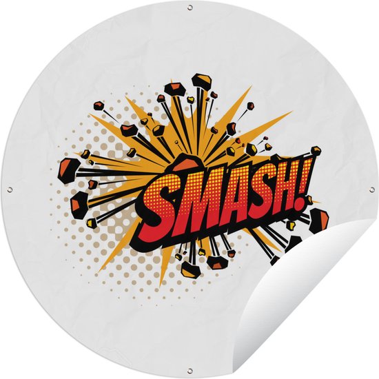 Tuincirkel Gele cartoon tekstballon met brokstukken ''smash!'' op witte achtergrond - Tuinposter