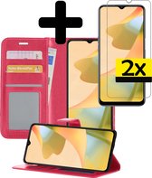 Hoesje Geschikt voor OPPO A16s Hoesje Book Case Hoes Wallet Cover Met 2x Screenprotector - Hoes Geschikt voor OPPO A16s Hoesje Bookcase Hoes - Donkerroze