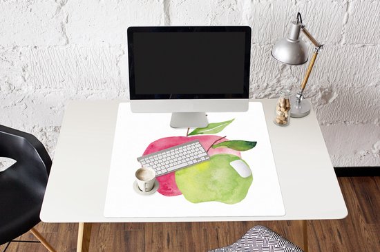 Muismat XXL 80x80 cm - Bureau onderlegger - Bureau mat Appels - Aquarel - Wit - Bureaumat - Gaming mousepad xl - Bureaulegger groot - Computer deskmat