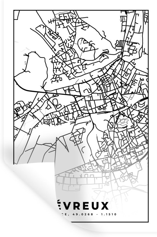 Stickers muraux - Plan de ville - Carte - Évreux - Carte - France - Zwart et blanc - 40x60 cm - Film adhésif