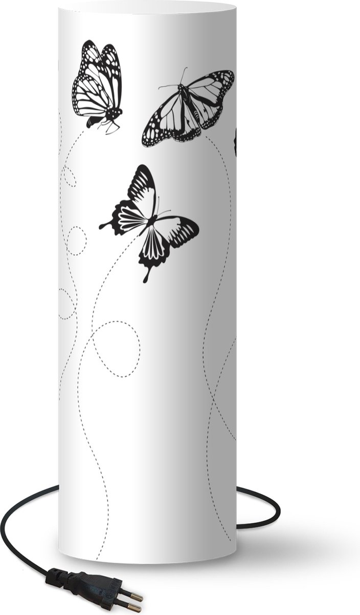 Lamp - Nachtlampje - Tafellamp slaapkamer - Een zwart-wit illustratie van vlinders - 70 cm hoog - Ø22.3 cm - Inclusief LED lamp