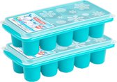 2x stuks Trays met dikke grote ronde blokken van 6.5 cm ijsblokjes/ijsklontjes vormpjes 10 vakjes kunststof blauw met deksel