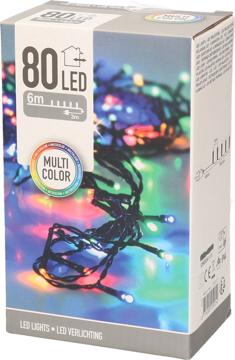 Kerstboomverlichting lichtsnoer - 80 led lampjes - gekleurd - 9 meter - IP44 - Kerstlampjes