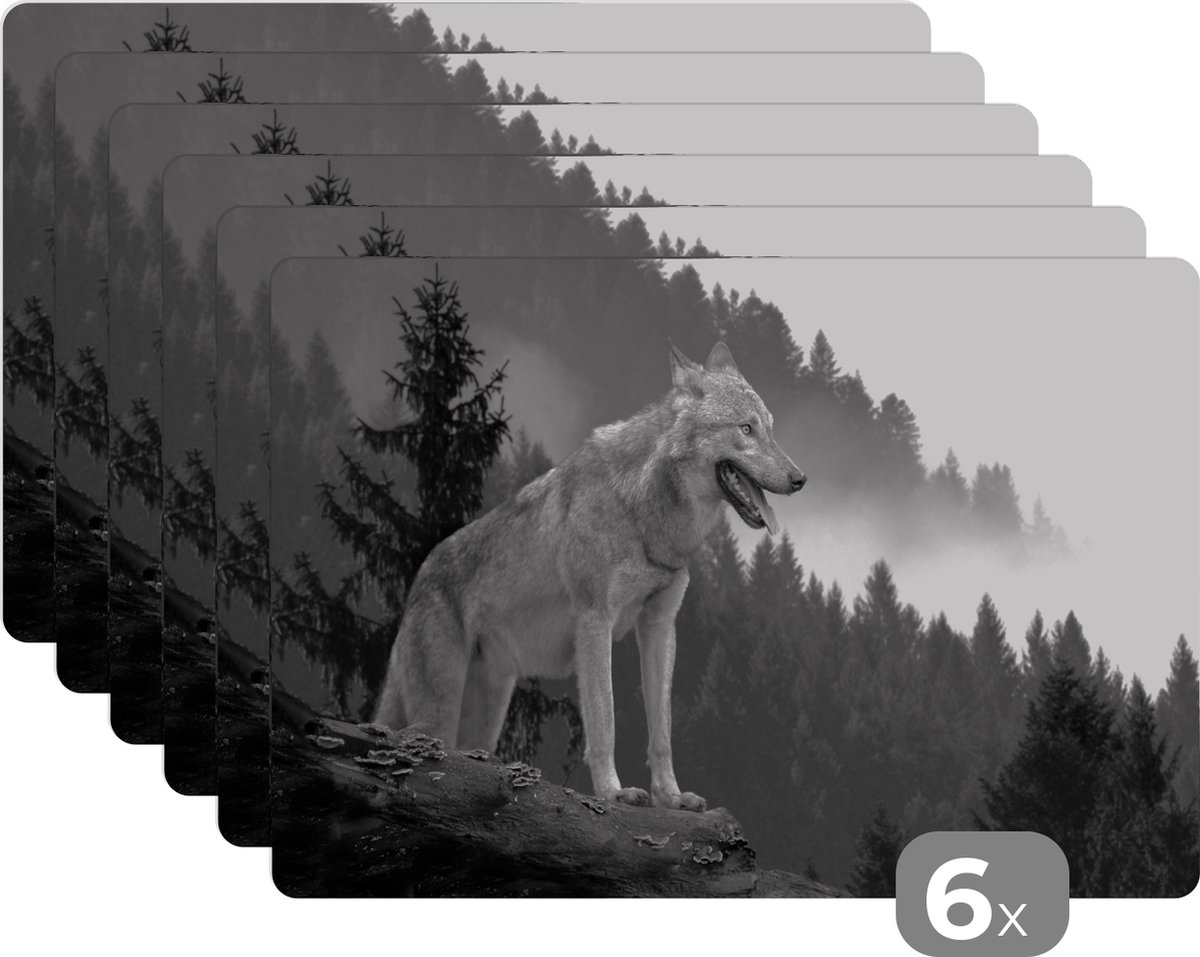 Placemats - Dieren - Wolf - Keuken - Bos - Zwart wit - Tafel - Onderlegger - 45x30 cm - 6 stuks