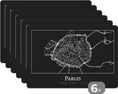 Placemat - Placemats kunststof - Parijs - Plattegrond - Kaart - Stadskaart - 45x30 cm - 6 stuks - Hittebestendig - Anti-Slip - Onderlegger - Afneembaar