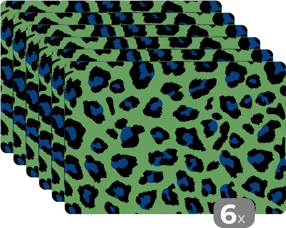 Placemats - Neon - Groen - Panter - Blauw - Dieren - Placemat - Onderleggers placemats - Onderlegger - 45x30 cm - 6 stuks