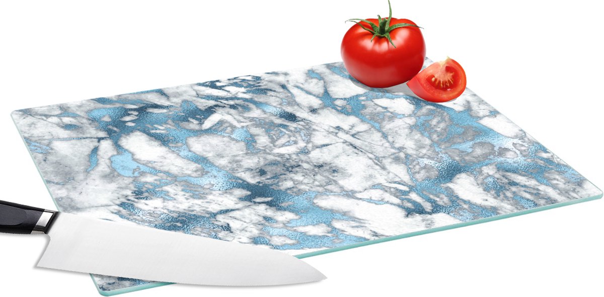 Glazen Snijplank - 39x28 - Marmer - Luxe - Zilver - Blauw - Snijplanken Glas