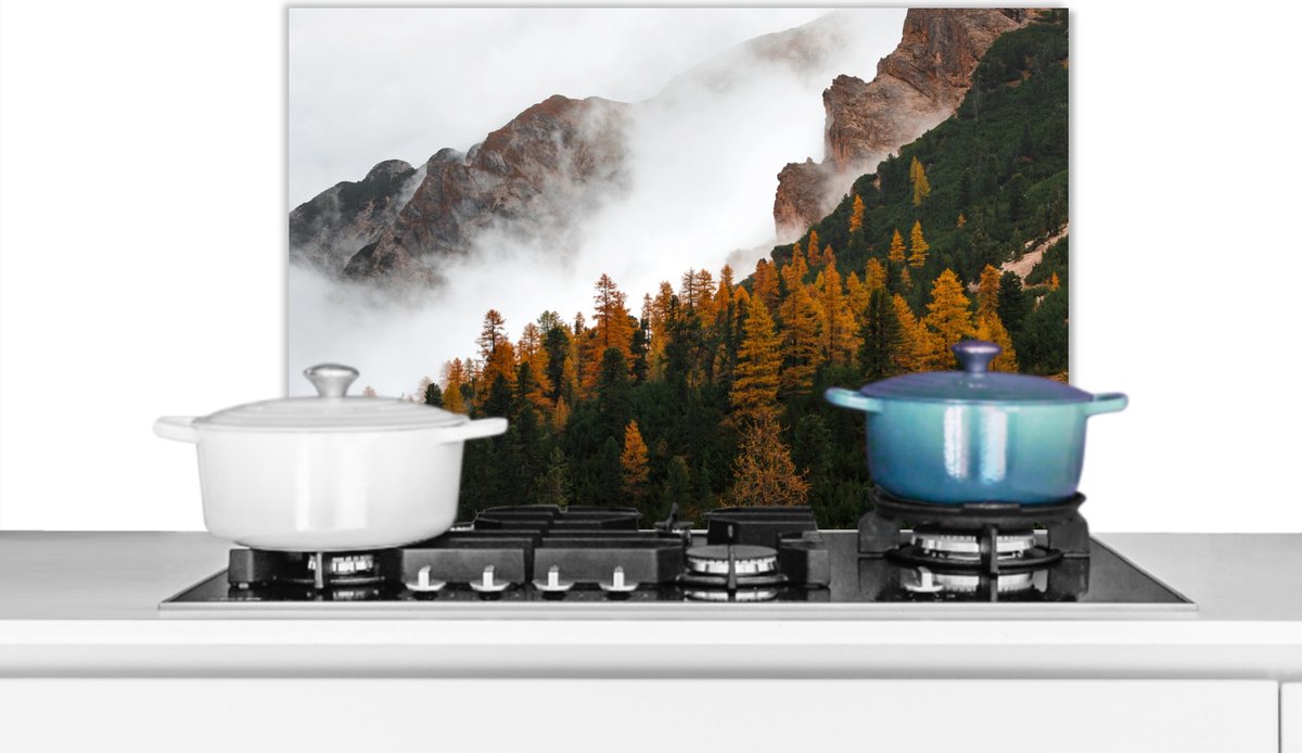 Spatscherm - Berg - Boom - Natuur - Mist - Achterwand keuken - 70x50 cm - Spatwand