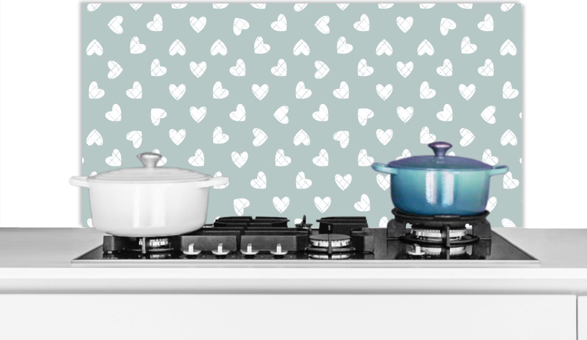 Spatscherm - Keuken achterwand - Keuken - Patronen - Hart - Groen - Wit - 100x50 cm - Spatwand