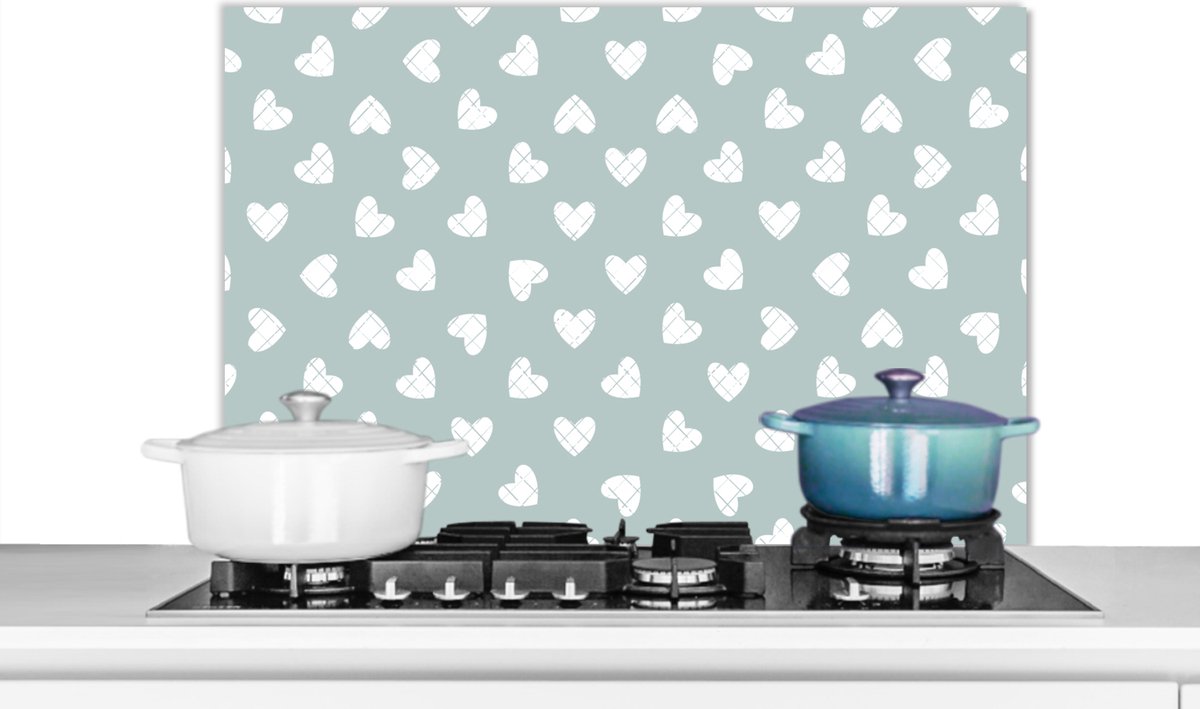 Spatscherm - Keuken achterwand - Keuken - Patronen - Hart - Groen - Wit - 80x55 cm - Spatwand