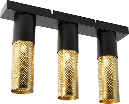 QAZQA raspi - Industriele Plafondlamp - 3 lichts - L 49 cm - Zwart Goud - Industrieel - Woonkamer | Slaapkamer | Keuken