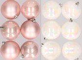12x stuks kunststof kerstballen mix van lichtroze en parelmoer wit 8 cm - Kerstversiering