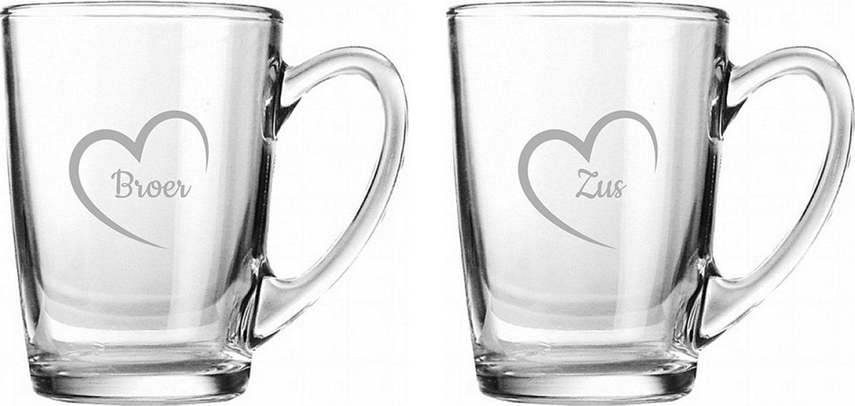 Gegraveerde Theeglas 32cl Broer met hartje & Zus met hartje