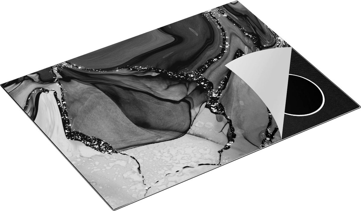 Chefcare Inductie Beschermer Abstracte Kunst - Waterkleur Marmer - Zwart Wit - 70x52 cm - Afdekplaat Inductie - Kookplaat Beschermer - Inductie Mat