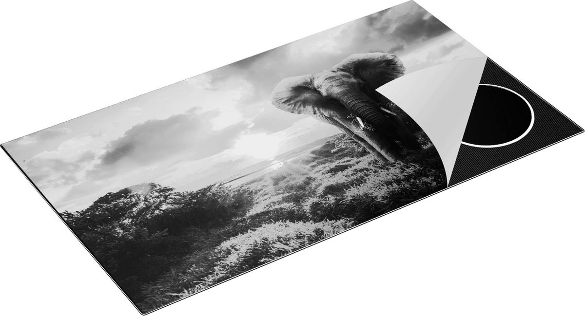Chefcare Inductie Beschermer Olifant in het Wild bij Zonsondergang - Zwart Wit - 95x50 cm - Afdekplaat Inductie - Kookplaat Beschermer - Inductie Mat