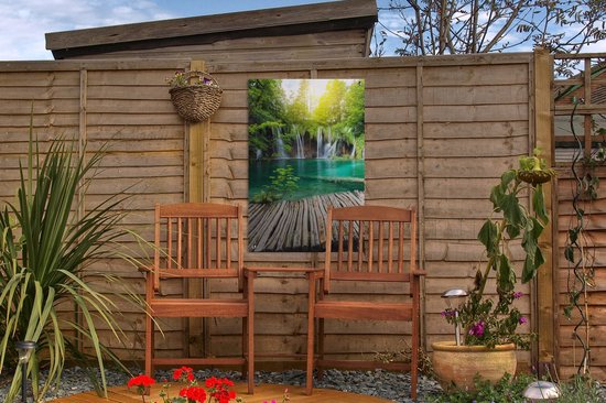 Affiche de jardin - Cascade - Water - Bois - Nature - Pont - Lac - Soleil - 40x60 cm - Toile de jardin - Toile de clôture