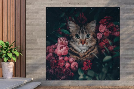 Affiche de jardin - Chat - Animaux - Fleurs - Roses - 200x200 cm - Affiche clôture - Décoration murale