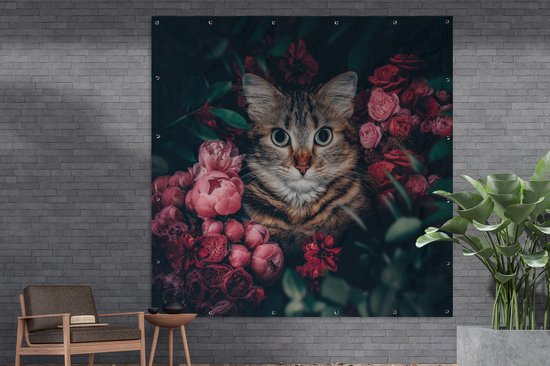 Affiche de jardin - Chat - Animaux - Fleurs - Roses - 200x200 cm - Affiche clôture - Décoration murale