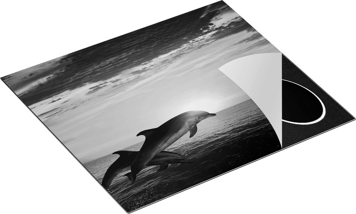 Chefcare Inductie Beschermer Twee Dolfijnen bij de Zonsondergang - Zwart Wit - 58,3x51,3 cm - Afdekplaat Inductie - Kookplaat Beschermer - Inductie Mat