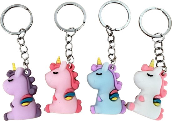 Uitdeelzakjes - Traktatie Uitdeelcadeautjes Kinderen - 4 x Unicorn 3D Sleutelhanger - Grabbelton Cadeautjes - Klein Speelgoed