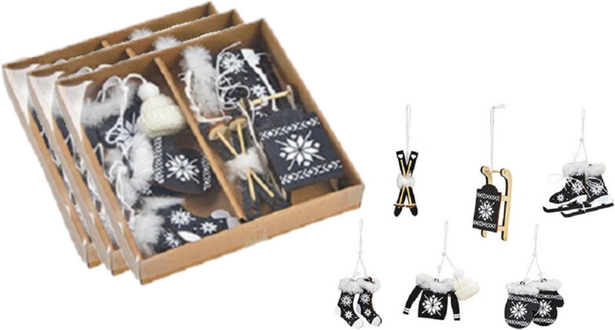 G. Wurm 18x stuks houten kersthangers zwart wintersport thema kerstboomversiering - Kerstversiering kerstornamenten
