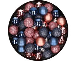Set van 40x stuks kunststof kerstballen mix roze en donkerblauw 3 cm - Kerstversiering