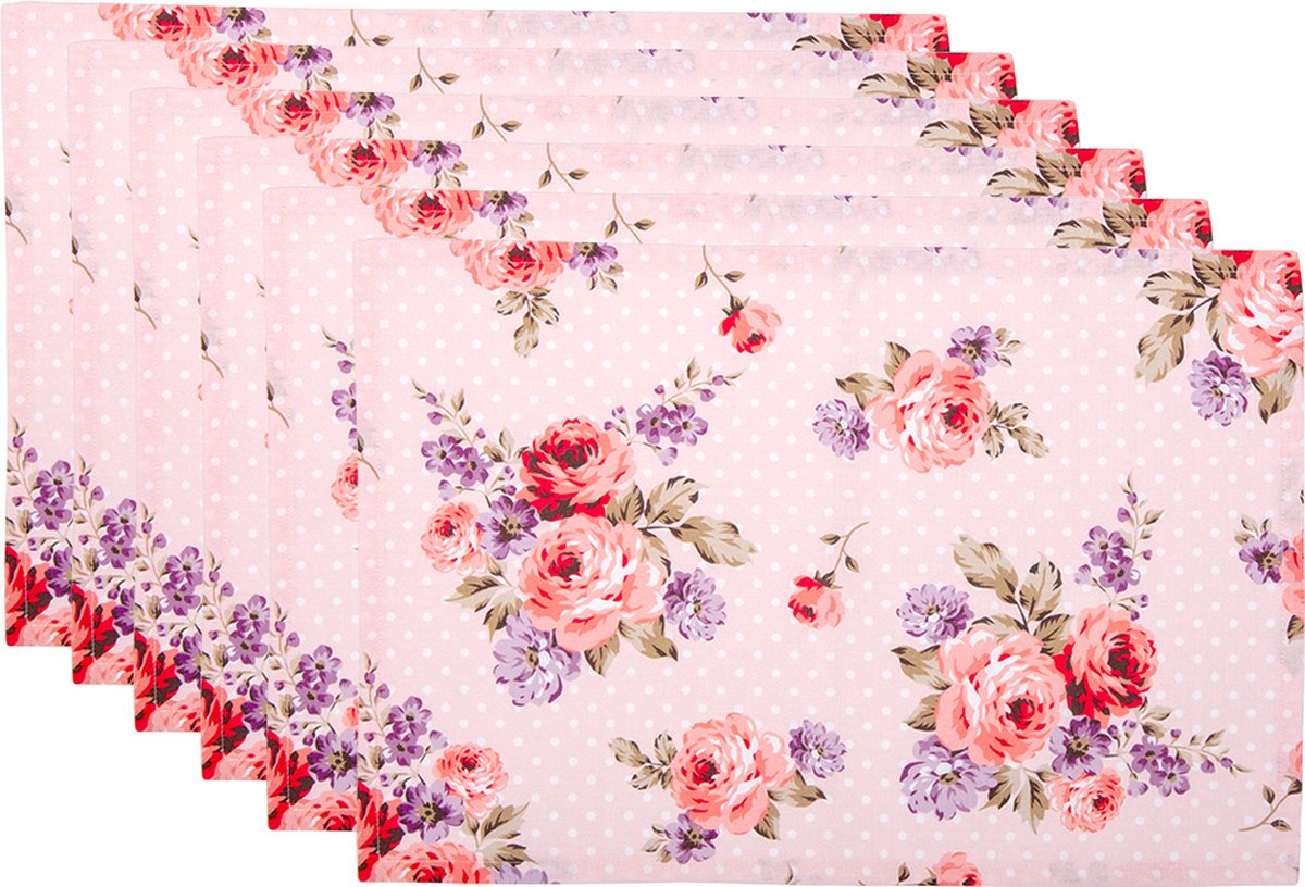 Clayre & Eef Placemats Set van 6 48x33 cm Roze Paars Katoen Rozen