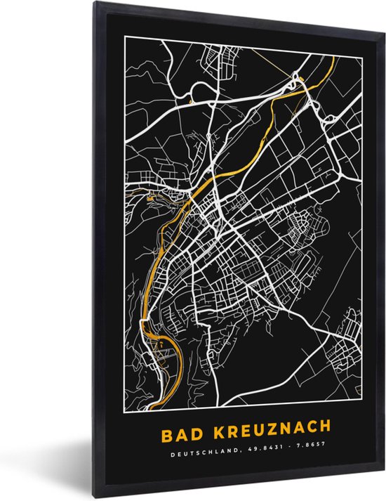 Cadre photo avec affiche - Allemagne - Black and Gold et or - Bain Kreuznach - Plan de la ville - Carte - Plan d'étage - 40x60 cm - Cadre pour affiche