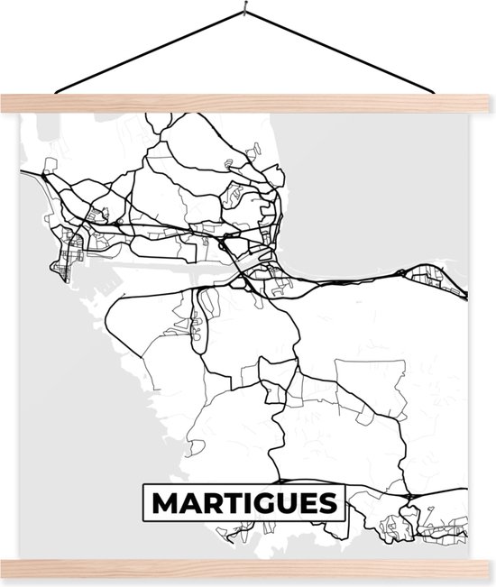 Posterhanger incl. Poster 90x90 cm - Schoolplaat - Stadskaart – Martigues - Plattegrond – Kaart – Frankrijk - Zwart wit - Textielposter - Blanke latten - Stadskaart