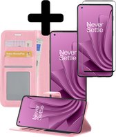 Hoesje Geschikt voor OnePlus 10 Pro Hoesje Book Case Hoes Wallet Cover Met Screenprotector - Hoes Geschikt voor OnePlus 10 Pro Hoesje Bookcase Hoes - Lichtroze